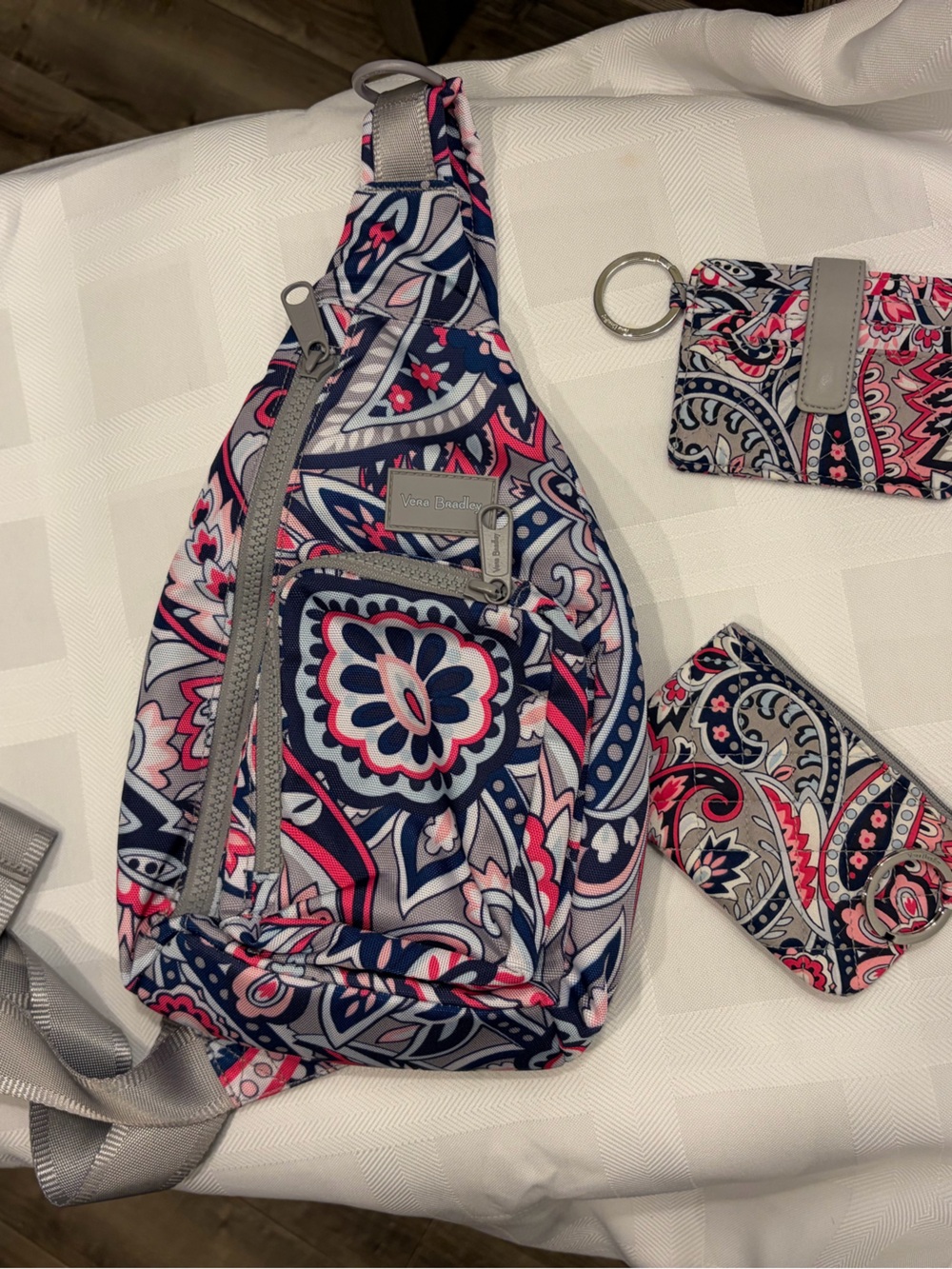 Vera BradleyPink Navy Paisley Crossbody Bookbag, Card Holder and Zip ID set